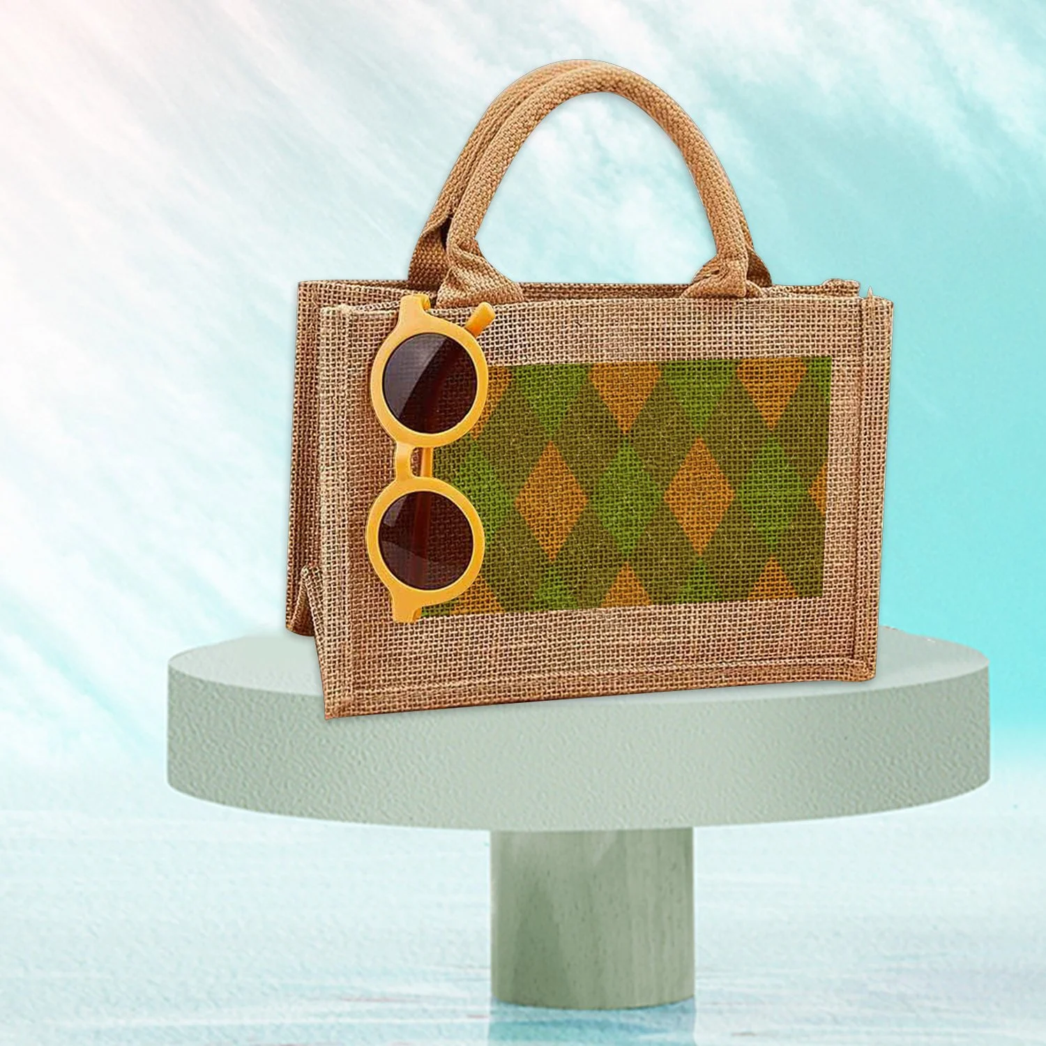 Highcool Jute Tote Bags Argyle Pattern Seamless Small Burlap Gift Bags with Handles Wedding Welcome Gift Bags Bridesmaid Gifts Party Gift Reusable Swag bags 1PC