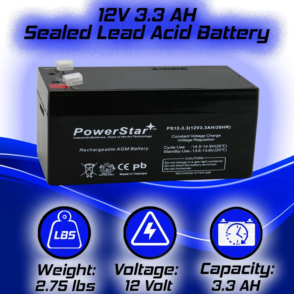 PowerStar 12V 3.3Ah 12Volt 3.3Amp SLA Rechargeable Battery Replace RBC35 WP3-12 / 2pcs