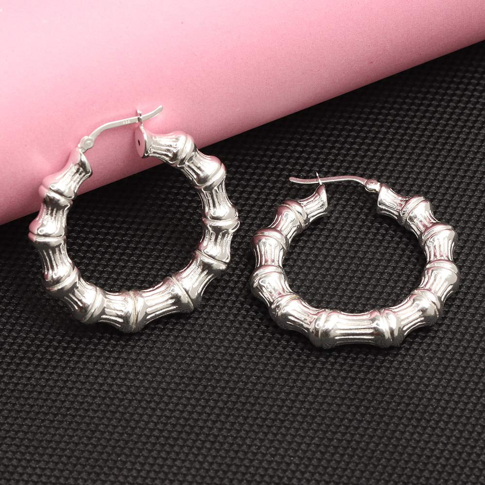 LeCalla 925 Sterling Silver Light-Weight Bamboo Hoop Earrings for Women and Teen Girls 40MM