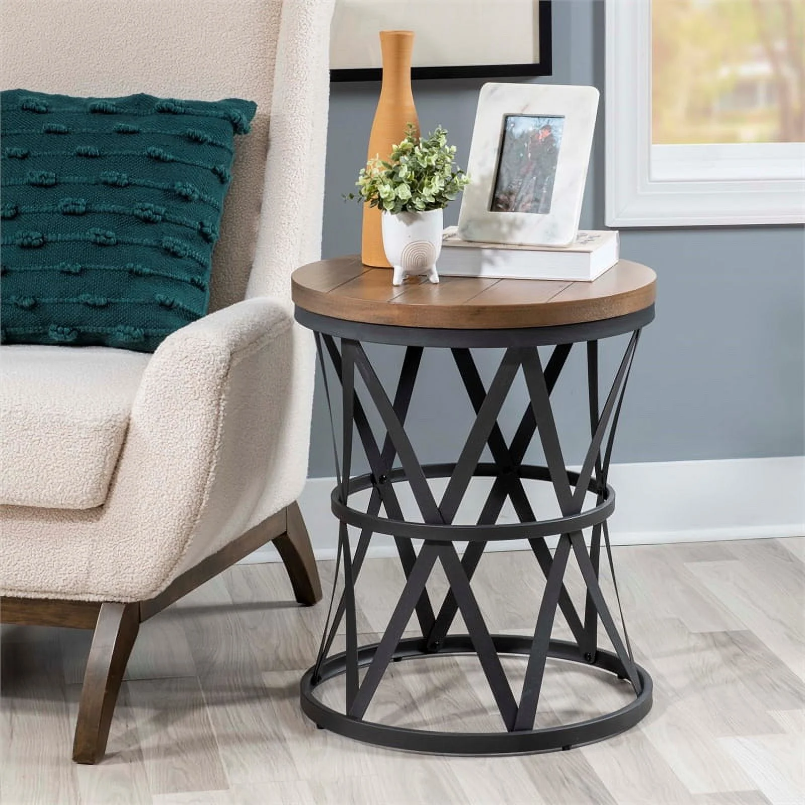 Linon Johns Round Metal and Wood Barrel Table in Gray