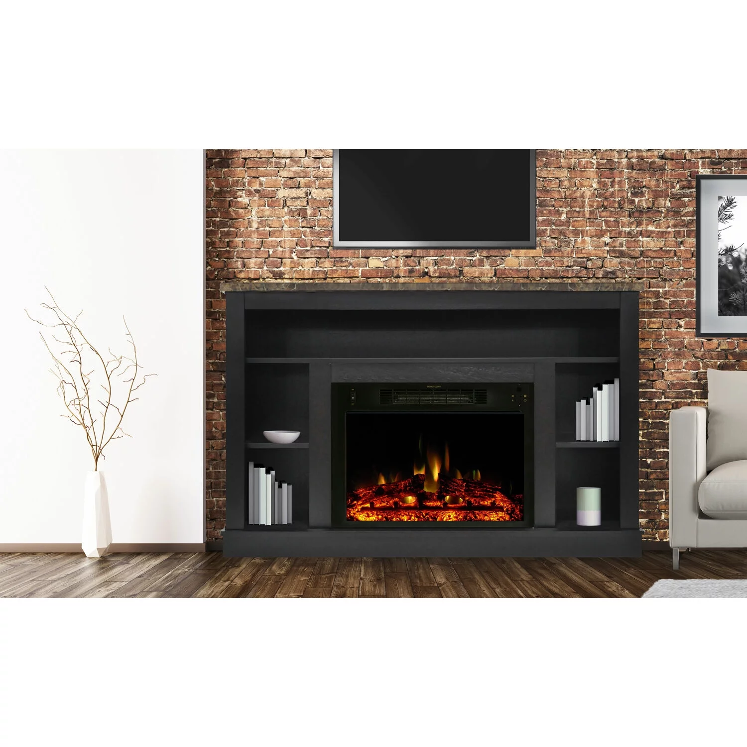 Cambridge Seville Electric Fireplace Heater with 47-In. Black TV Stand, Enhanced Log Display, Multi-Color Flames, and Remote Control