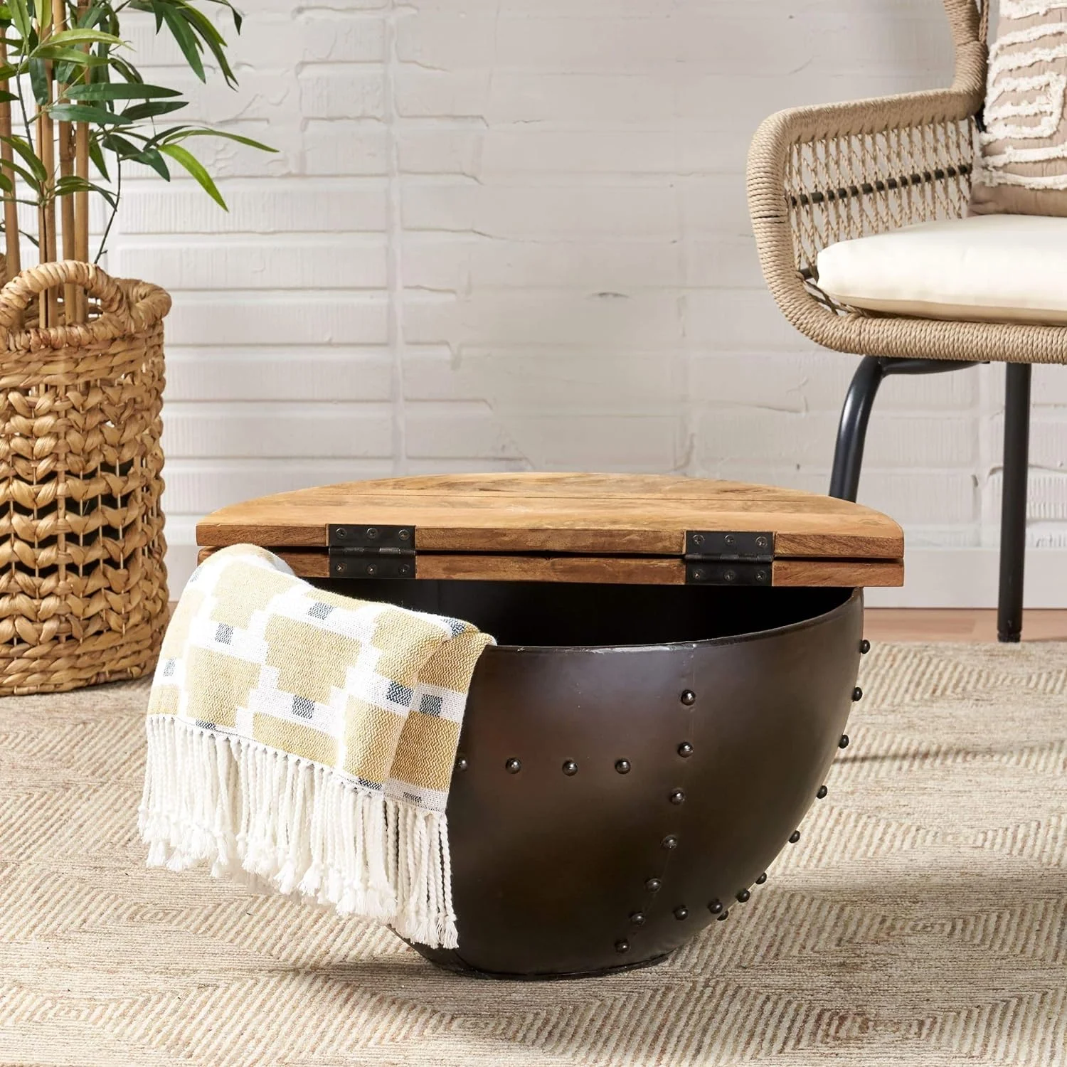 HBBOOMLIFE Absecon   Mango Wood Coffee Table Black Natural Industrial Modern Contemporary Round Iron Finish Solid