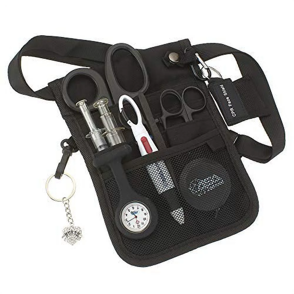 AsaTechmed Medical Belt Utility Kit, Nurse Pro Pack Pocket Organizer Pouch Hip Bag | Antimicrobial, EMT, CNA, NP, PA, Student, Nurse Kit (Black)