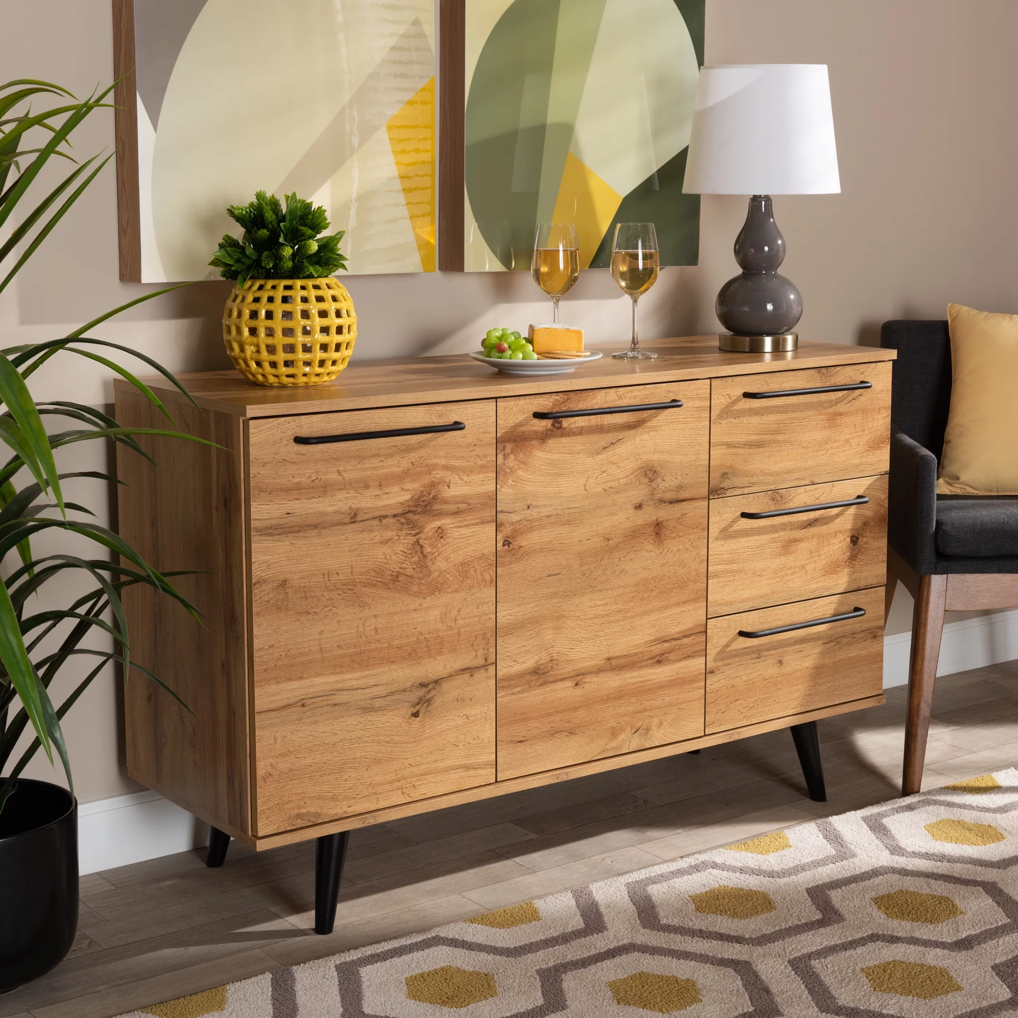 Baxton Studio Radley Modern and Contemporary Transitional Oak Brown Finished Wood 3-Drawer Sideboard Buffet