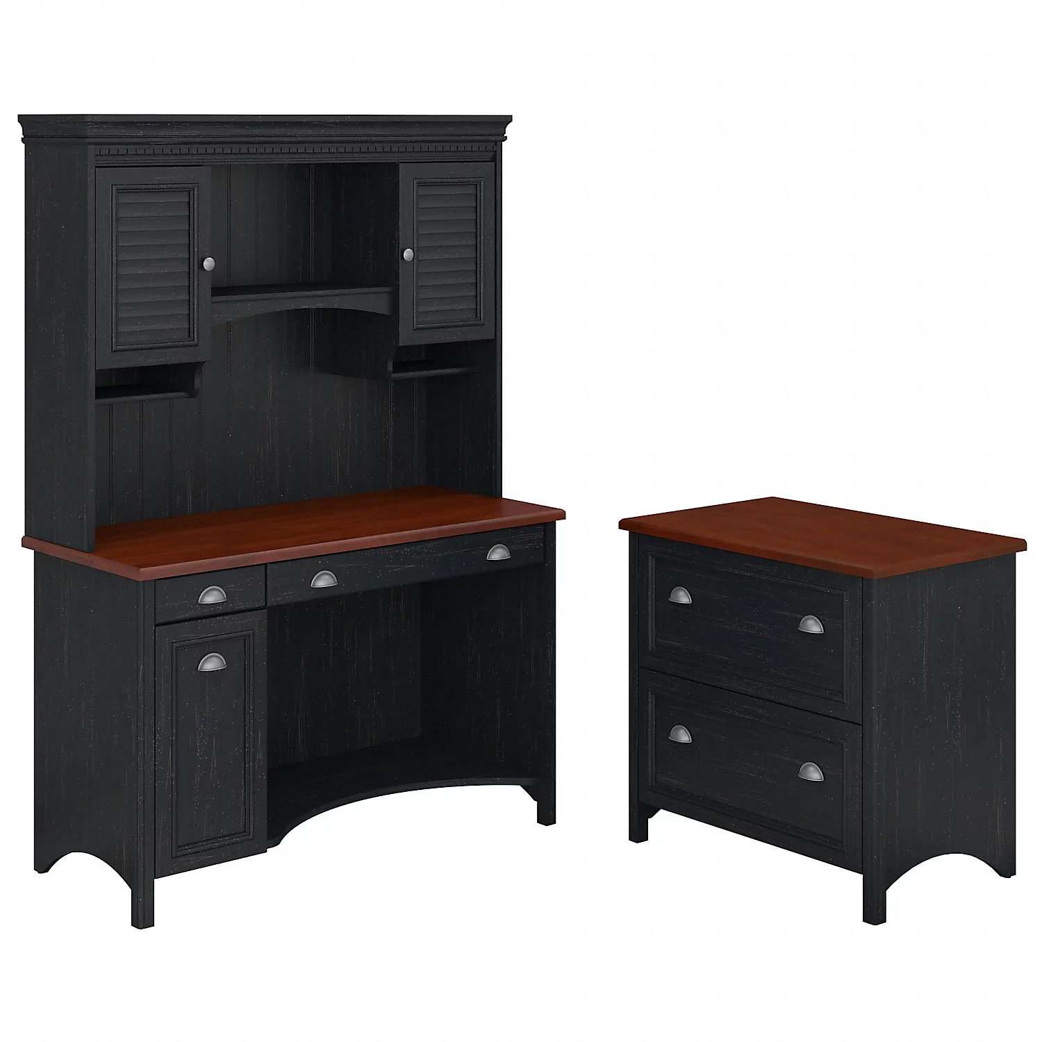 Bush Furniture Desk w/Hutch & 2 Drawer Lateral File Cab 48W Antique Black/Cherry STF006AB