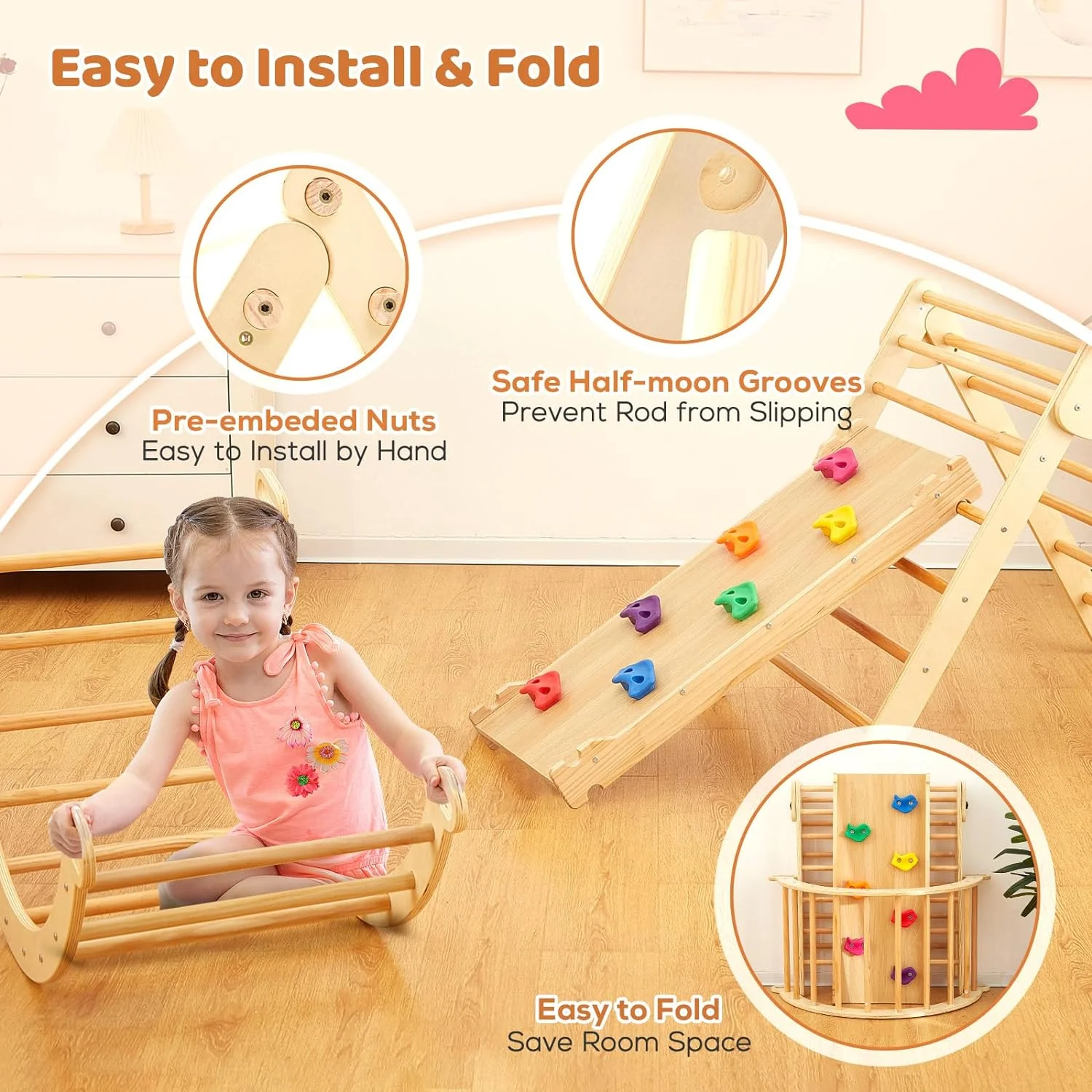 YUMIAO Foldable Pikler Triangle Set (3 Piece), Montessori Climbing Set with Solid Wood for Toddlers 2-6 yrs, Adjustable 5-in-1 Indoor Play Gym with Arch/Slide/Climbing Rock/Triangle, Easy to Install