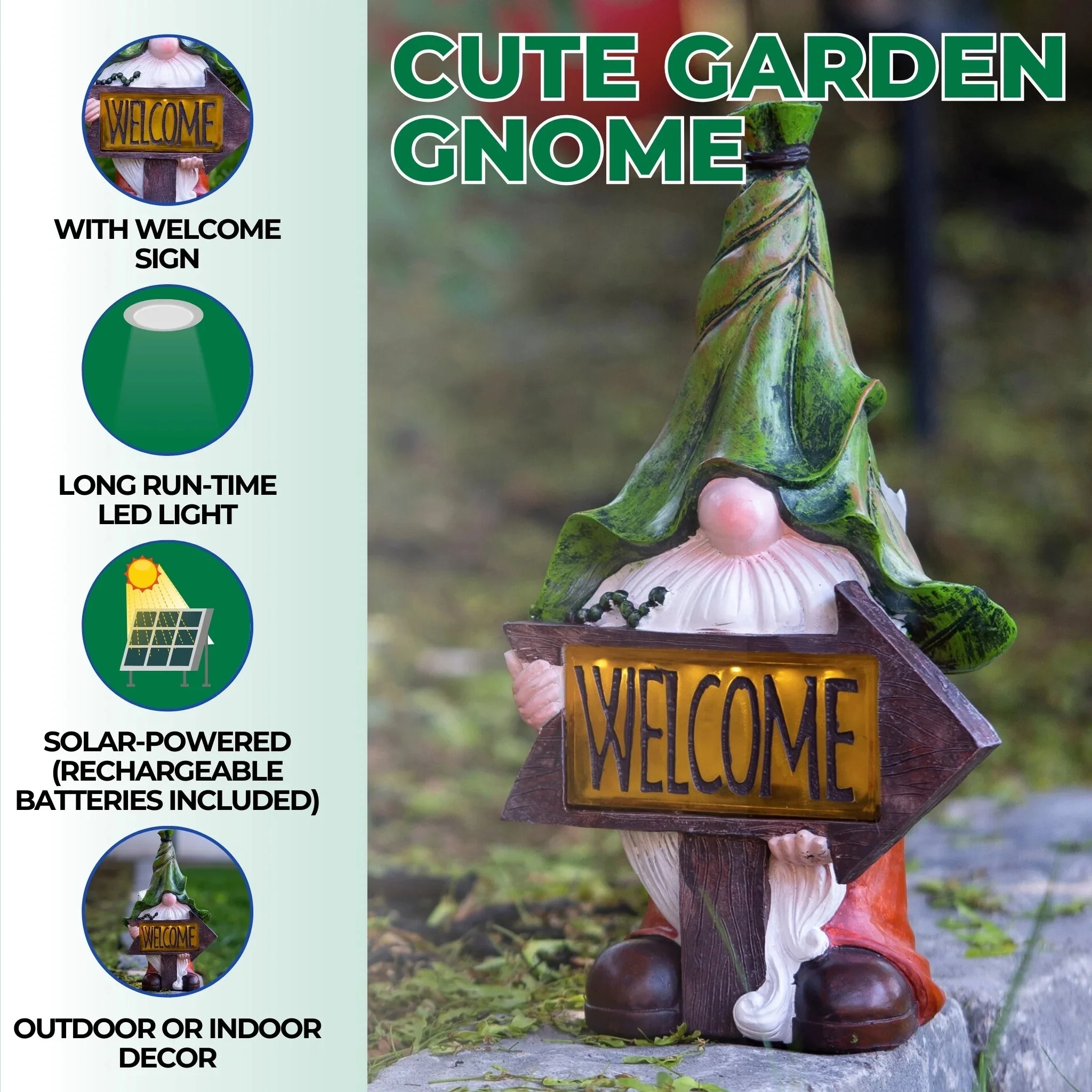Accent Collection Garden Gnome with Leaf Hat and Welcome Sign, Solar-Powered LED Light