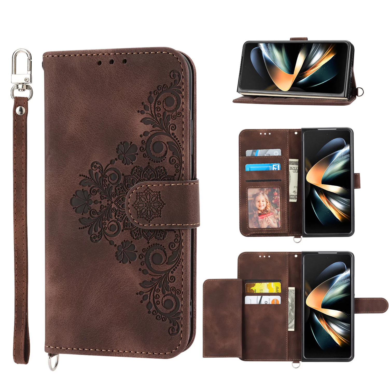 SaniMore for Samsung Galaxy Z Fold 4 Magnetic Flip Wallet Case with Cross Body Strap, PU Leather Case with Card Slot & Multi-Angle Kickstand Shockproof Protective Case for Girls Ladies, Brown