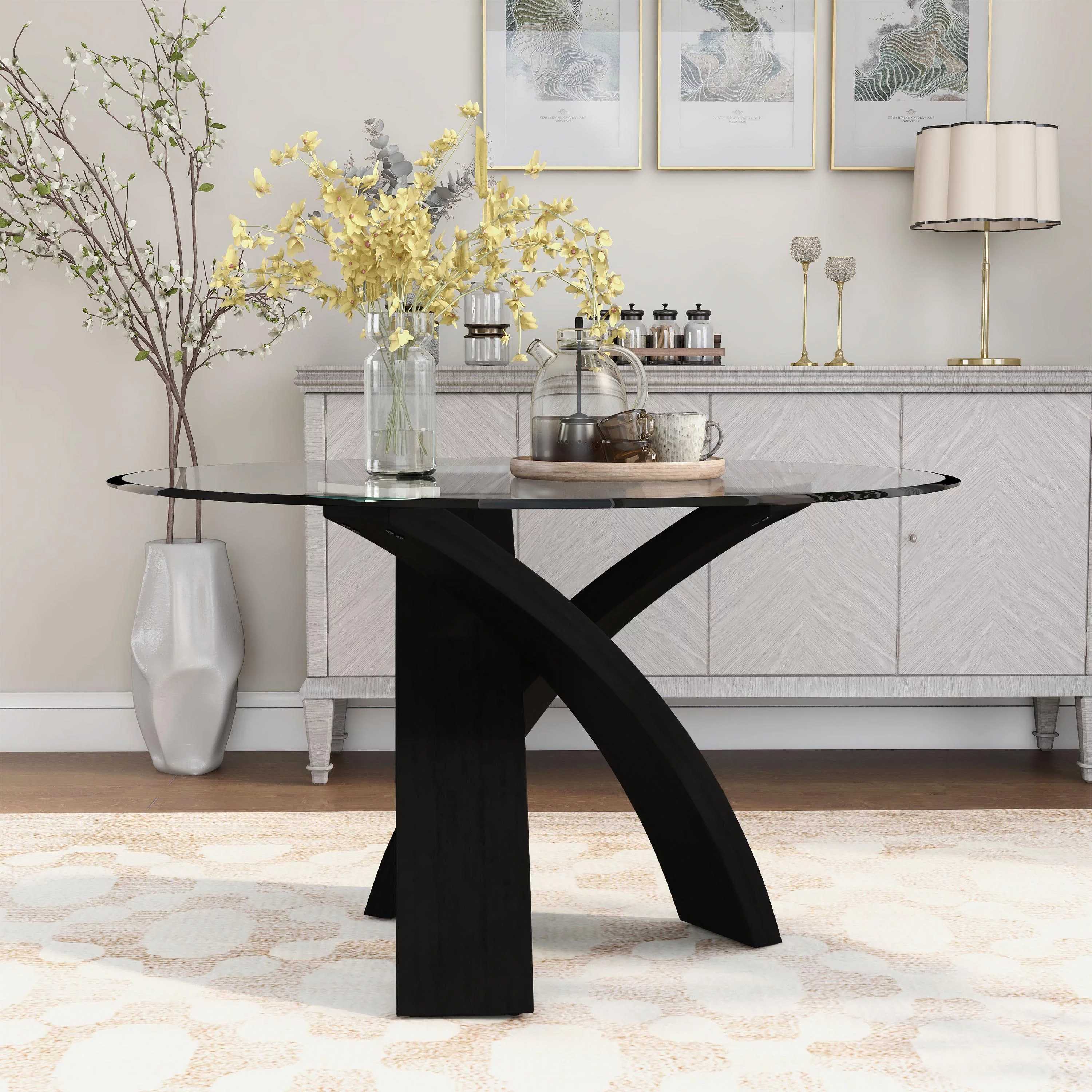 Furniture of America Evans Glass Top Round Dining Table, Black