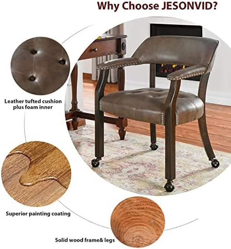 GEROBOOM Dining Chair with Casters  Kitchen Table Chair with Caster & Arms  Roller Poker Table Chairs with Wheels  Wood Captains Game Table Rolling Chairs(Cherry&Purplish Blue 153