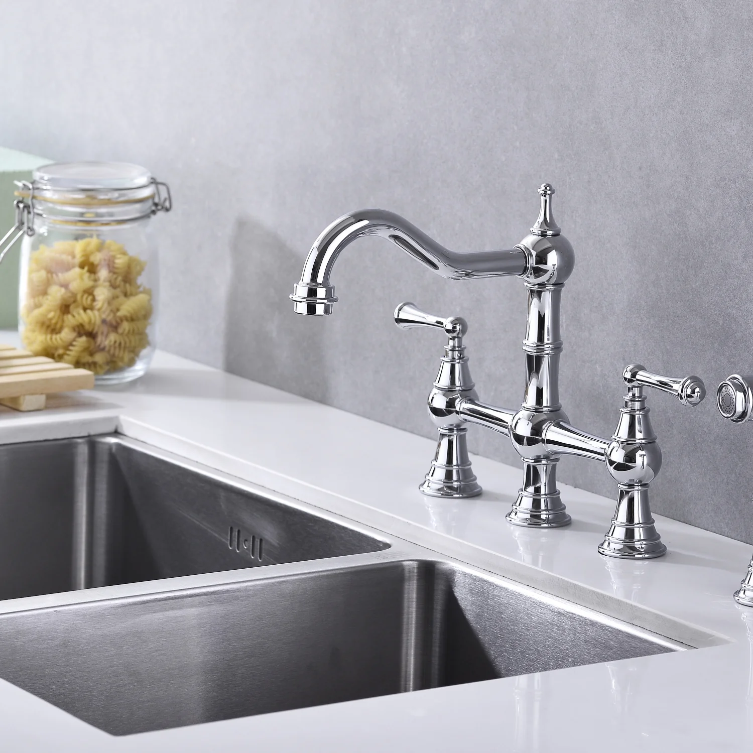 DremFaryoyo Bridge Dual Handles Kitchen Faucet With Pull-Out Side Spray in