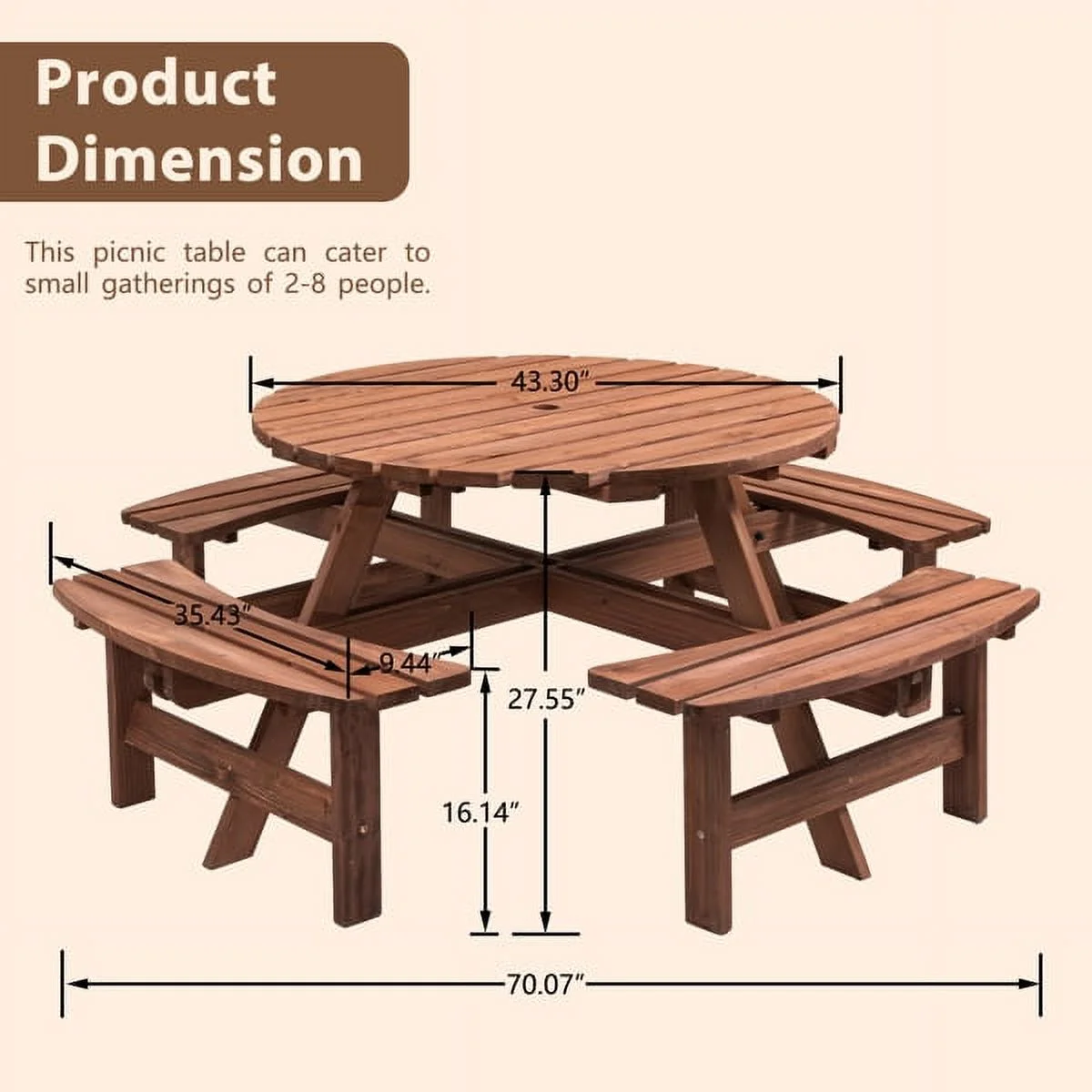 Fithood 8-Person Outdoor Circular Wooden Picnic Table with 3 Built-in Benches for Patio Backyard Garden, Gray