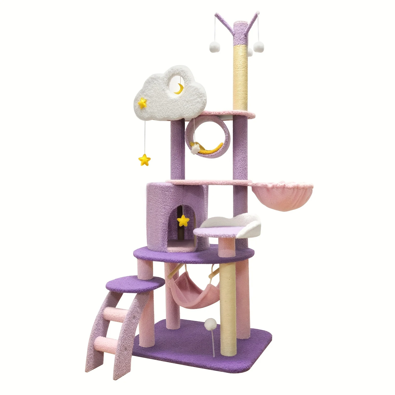 RHYFJJUI2 65in Cat Tree Cute For Indoor Cats Pink Moon Cat Tree Tower With Scratching Post, Hammock And Condo Large Tall Cat Tree For Kittens Cats