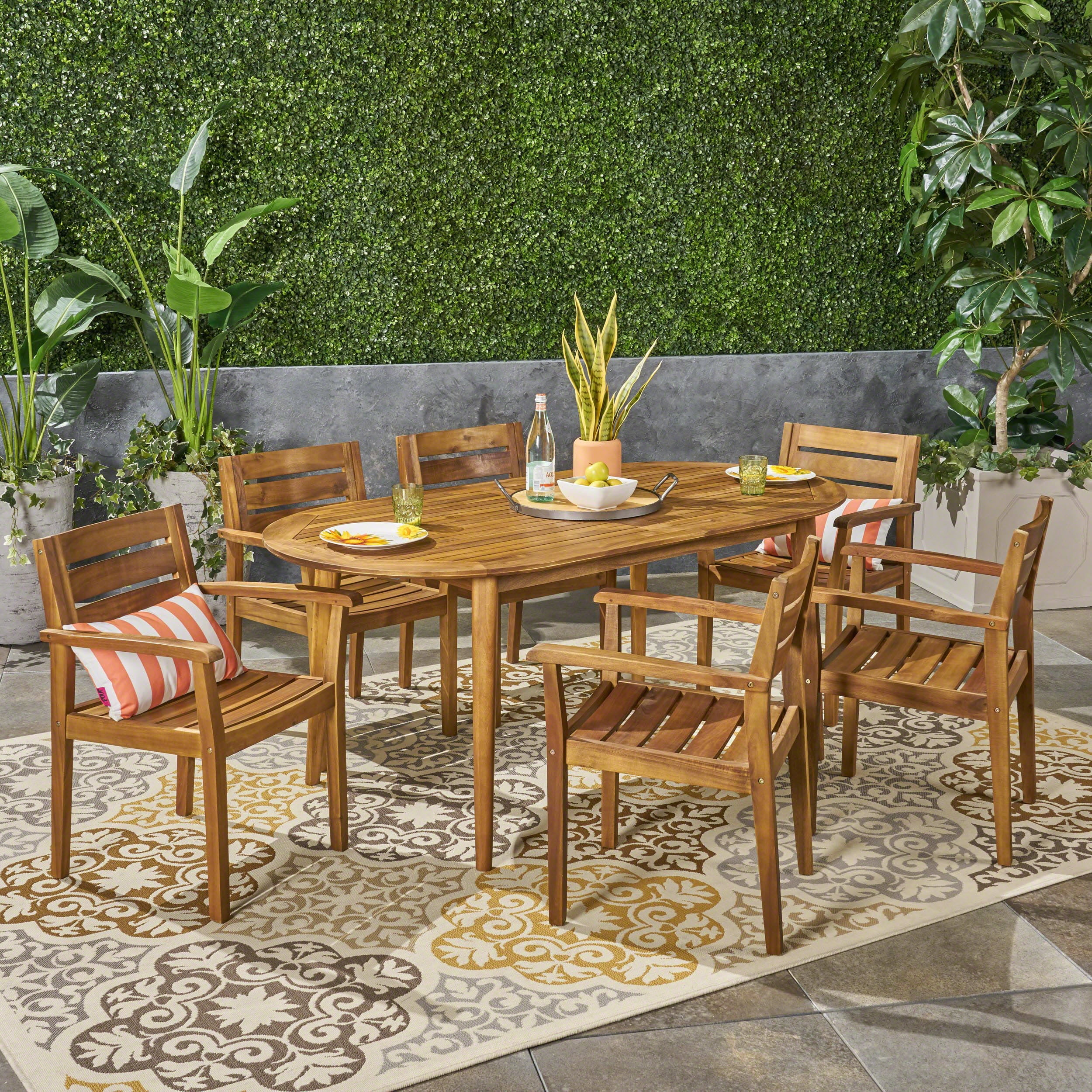 GDF Studio Elkins Outdoor Acacia Wood 7 Piece Dining Set, Teak
