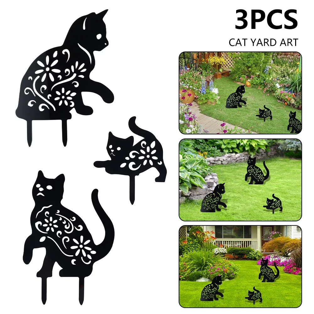 Fyeme Cat Yard Art Black Cat Silhouette Pile Metal Animal Lawn Decoration Gift 3 Pcs Wooden Pile Courtyard Art Acrylic Garden Decoration