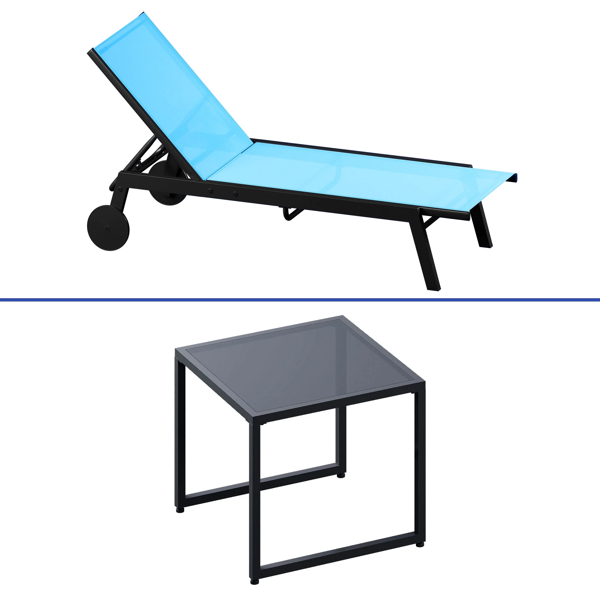 ModFusion Cozy Adaptable Blue Textile Fabric Sun Lounge, 2 Chair in 1 packaged, w/ Side Table, Aluminum Frame Lounge w/ Wheels