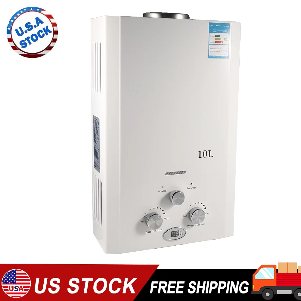 KingFurt 10L Natural Gas Water Heater White Coating Front Panel & Gray Bottom 20KW Rated Power With Temperature Display