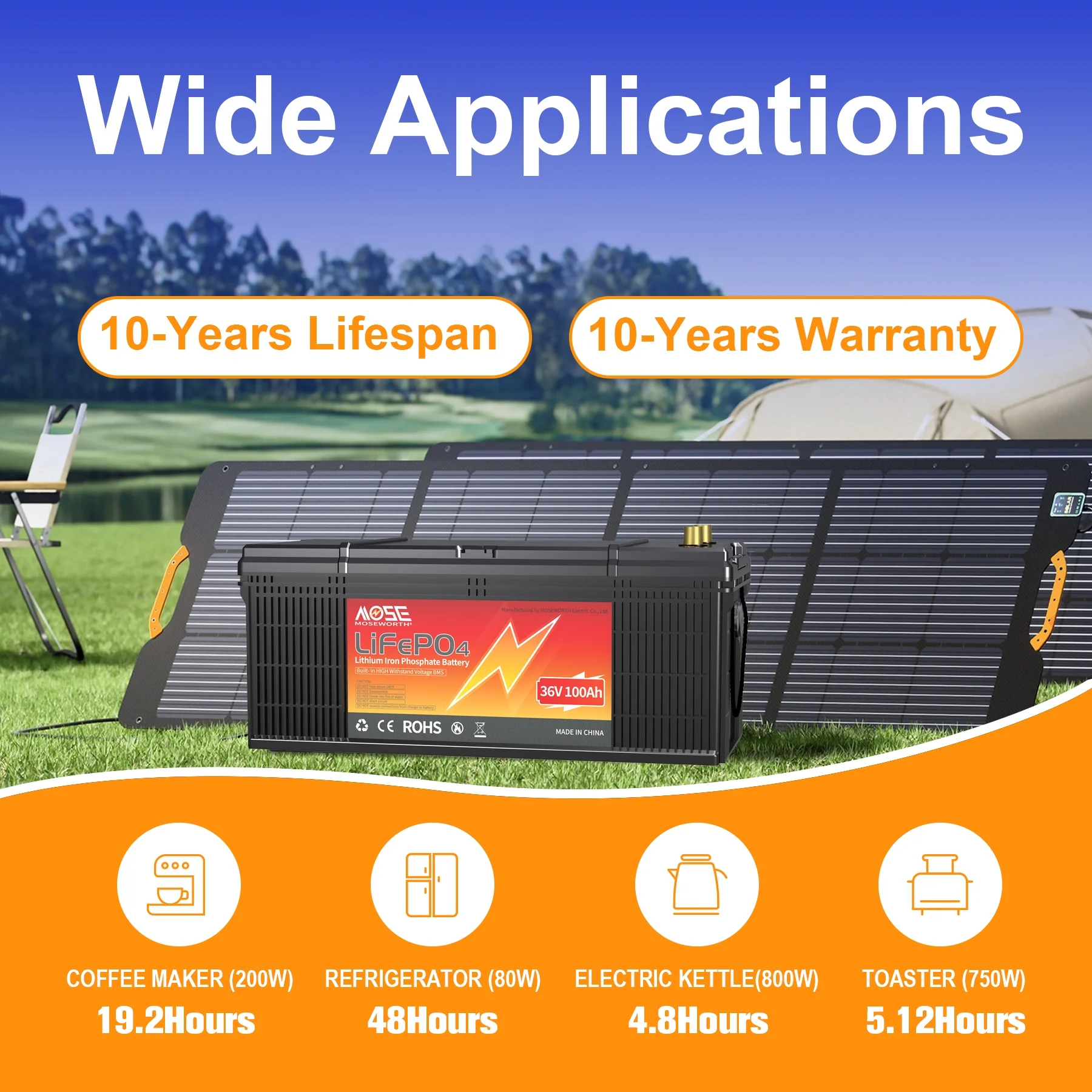 36V 100Ah LiFePO4 Battery,200A BMS,15000 Cycles,Low Temp Cut off,MOSEWORTH for Golf Cart,RV,Solar,Trolling Motor,off-Grid