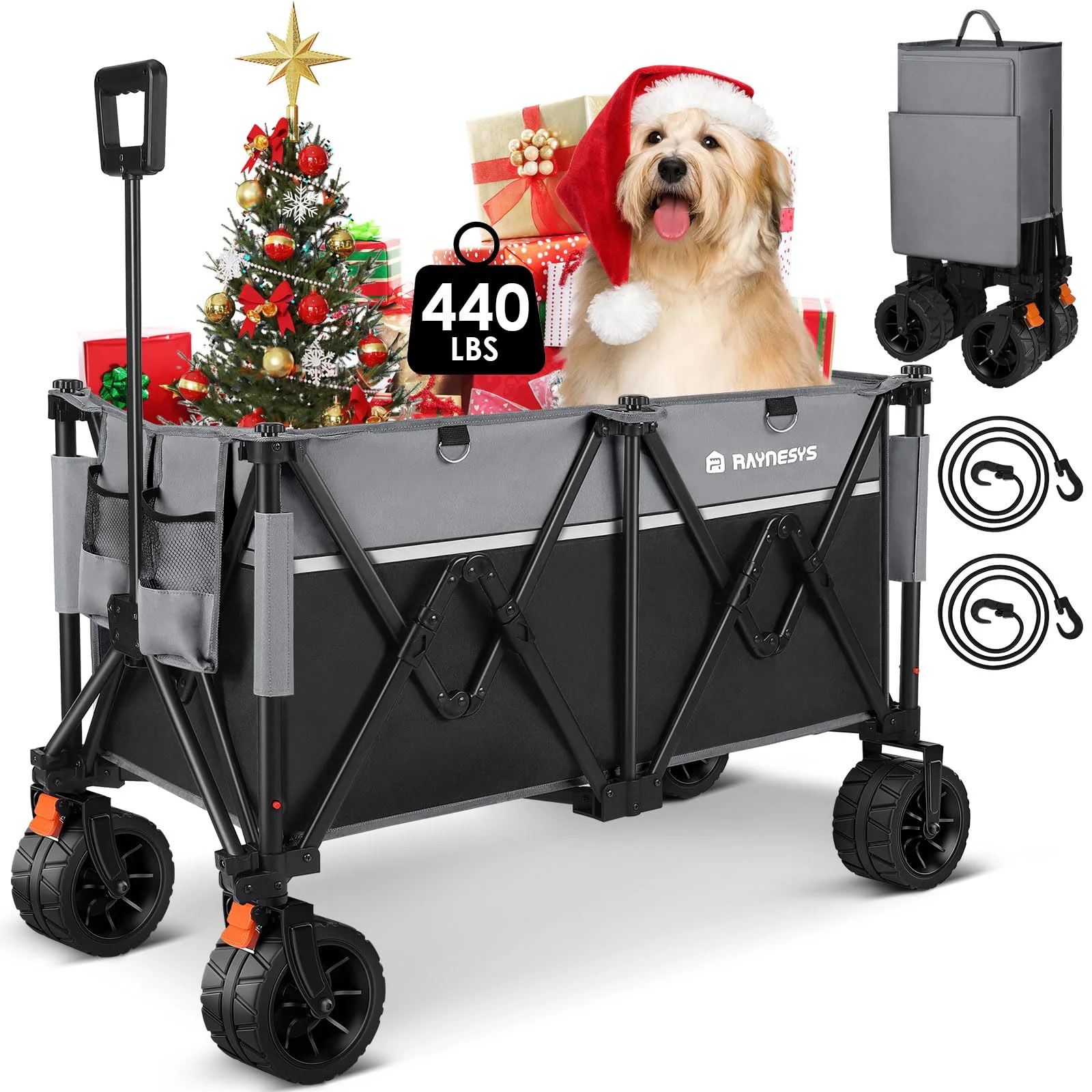 Raynesys Collapsible Wagons Heavy Duty 440 lbs Folding Beach Carts with Big All-Terrain Wheels, Utility Lounge Wagon Garden Cart with 200L Capacity for Outdoor Sports Shopping Camping, Black & Gray