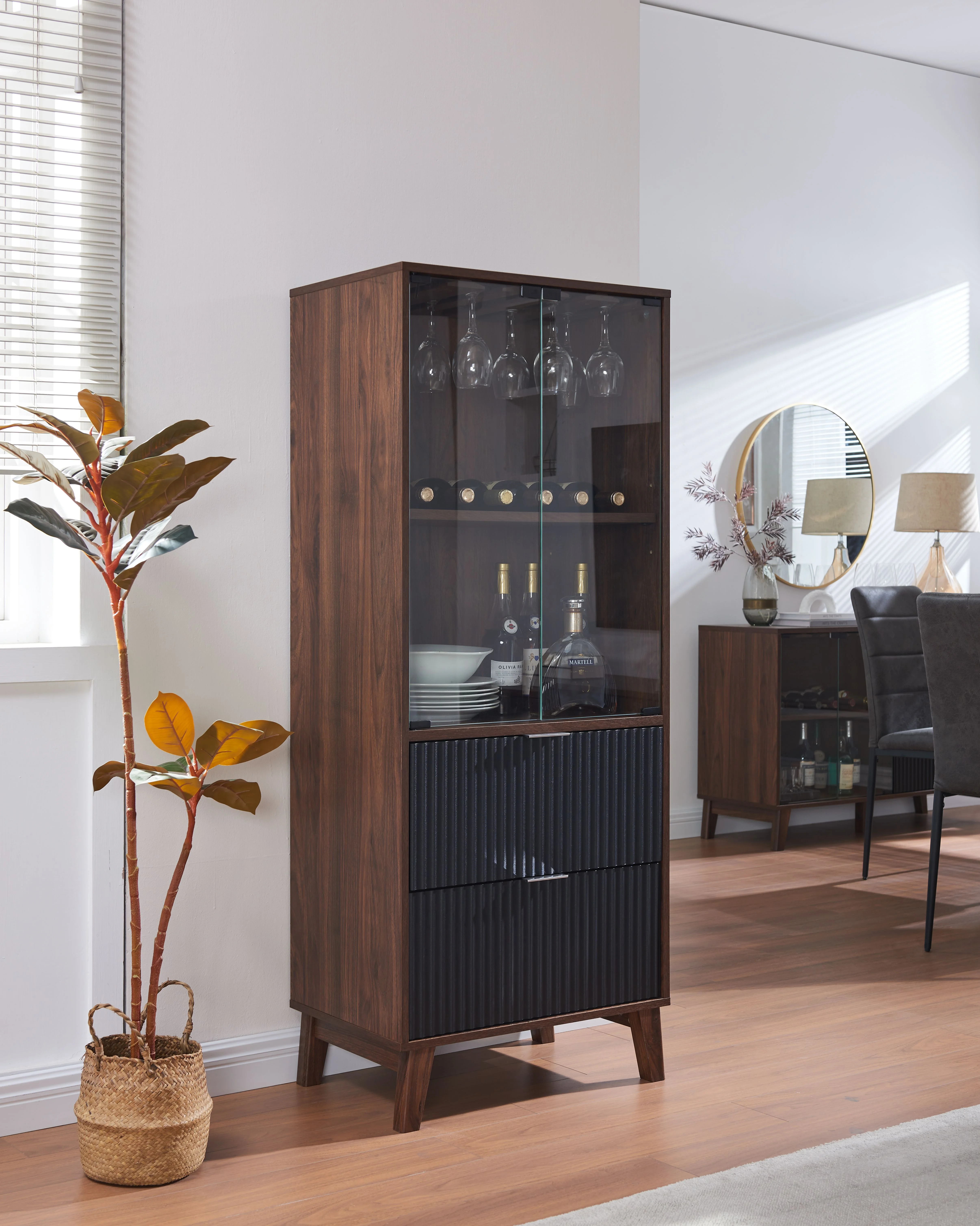Home Source Bar Cabinet, two drawers, and elegant glass doors for a perfect blend of style and functionality (Walnut/Black)