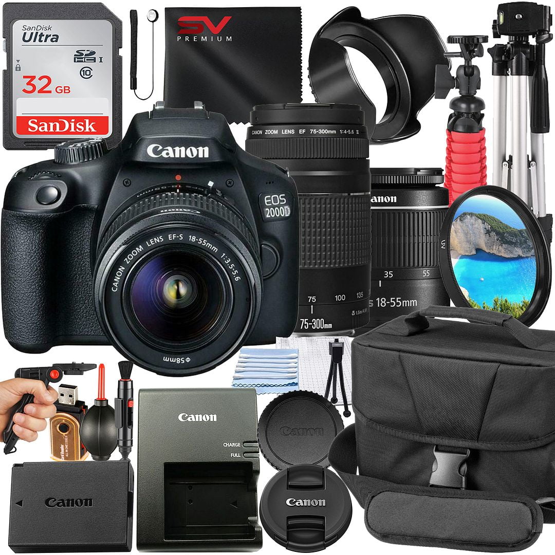 Canon EOS 2000D / Rebel T7 DSLR Camera Bundle with 18-55mm + 75-300mm Zoom Lens + 32GB SanDisk Card + Case + Tripod + SV Premium Accessory
