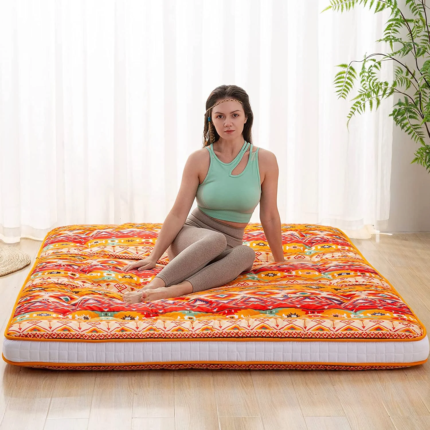 Japanese Floor Futon Mattress Extra Thick Folding Roll Up Bed Topper Mat for Guest,Lounger and Tavel