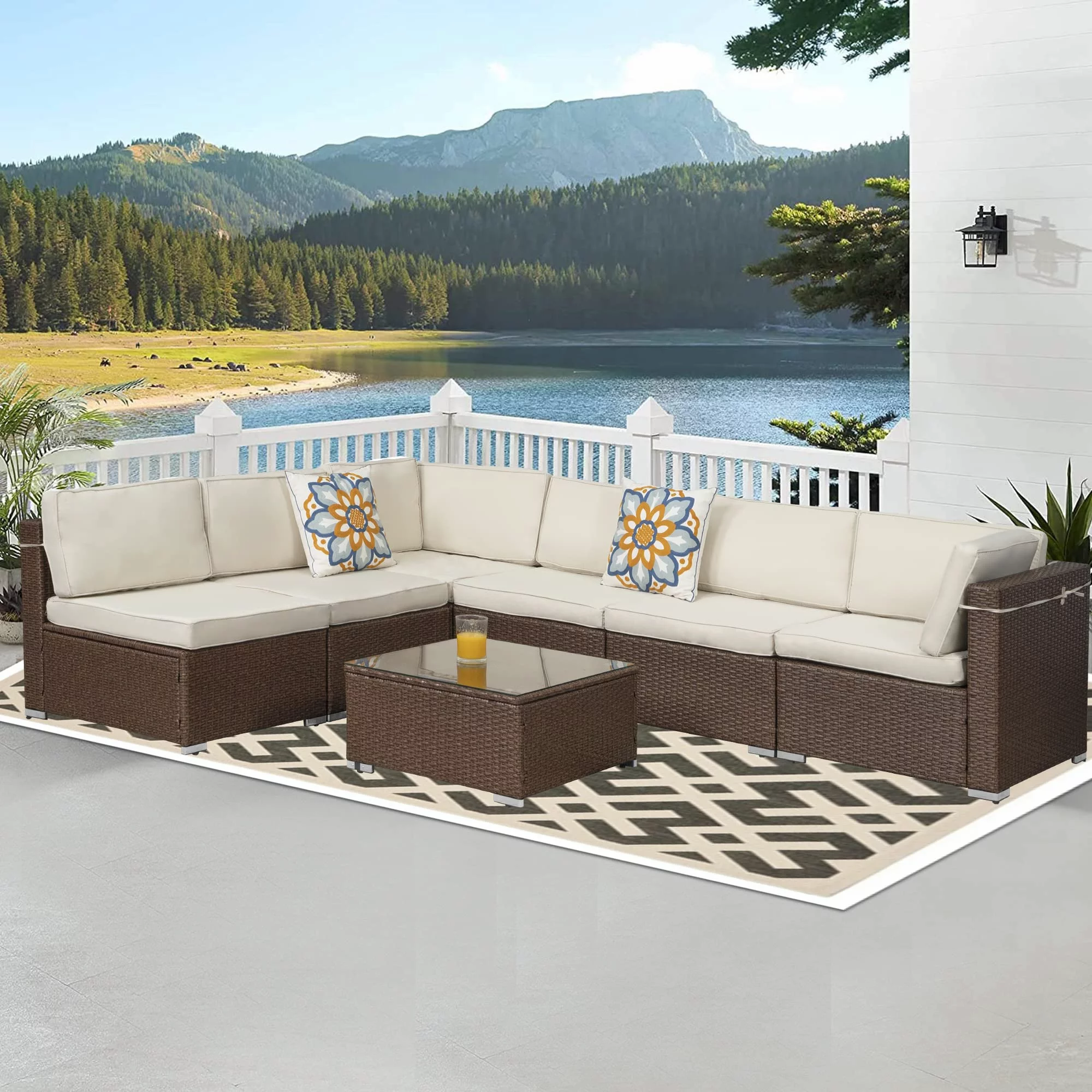 Royalcarft 7 Pieces Outdoor Patio Furniture Sets Wicker Sectional Sofa All-Weather PE Rattan Conversation Sets,White