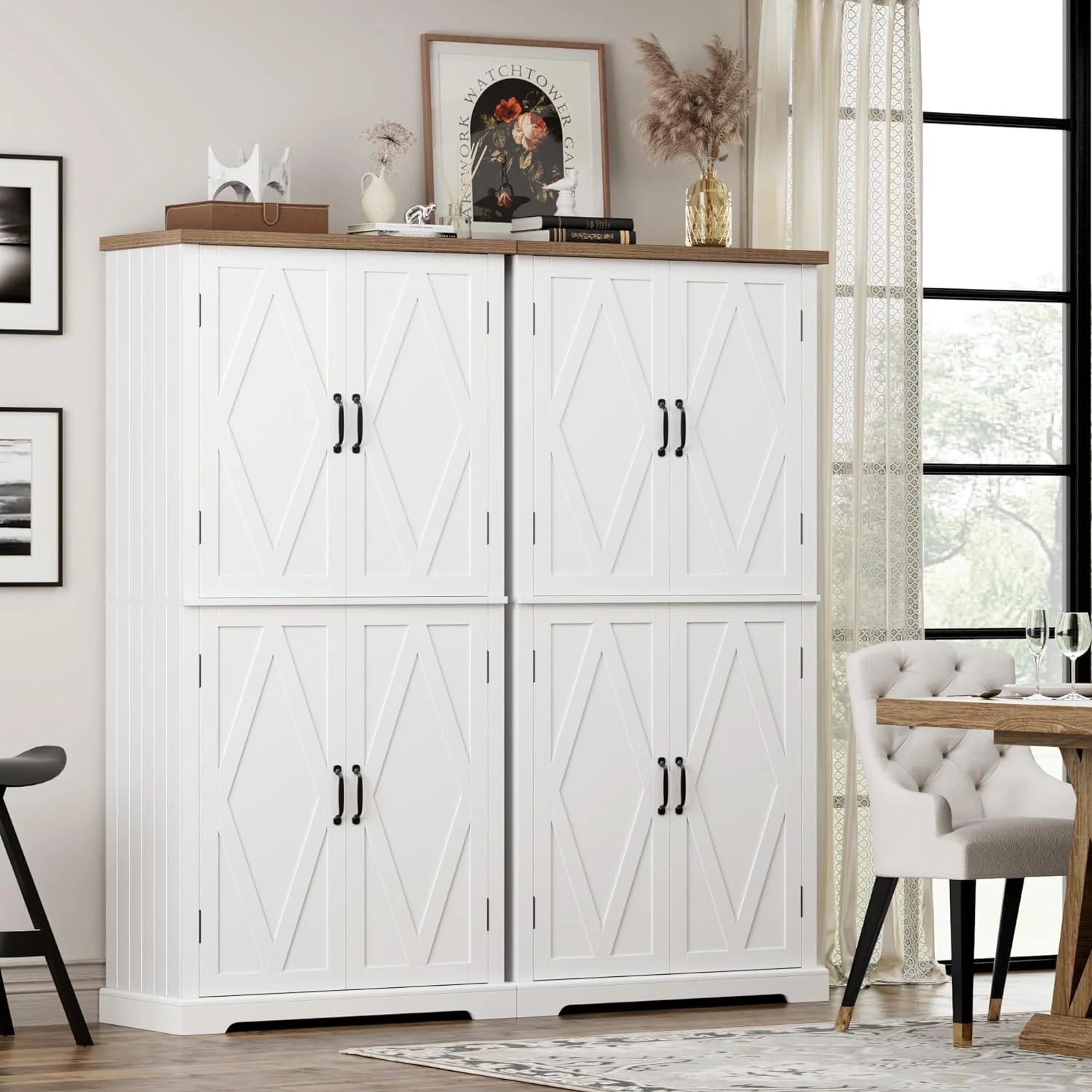 GEROBOOM 64" Pantry Cabinet  Tall Kitchen Pantry  Cabinet  Modern Farmhouse Bathroom  Cabinet  Large Bookcase  4 Doors|Adjustable Shelves  for Dining Room  Living Room  Home Office  W