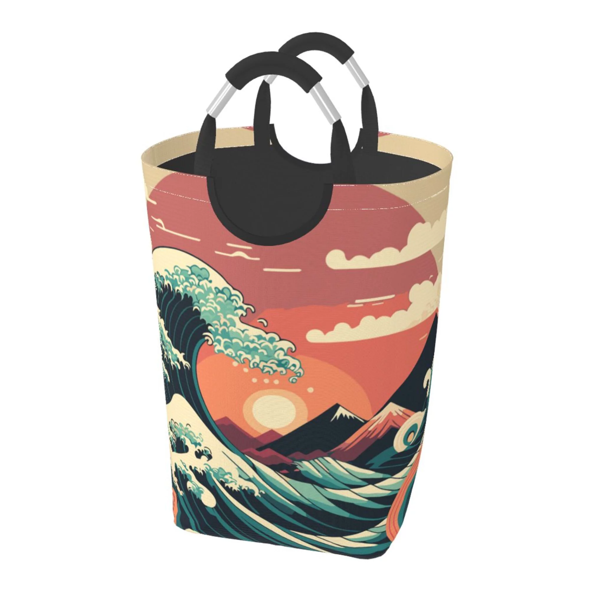 TEQUAN 50L Large Rectangular Laundry Hamper with Aluminum Handles, Japanese Style Big Ocean Waves Prints Waterproof Foldable Dirty Clothes Basket