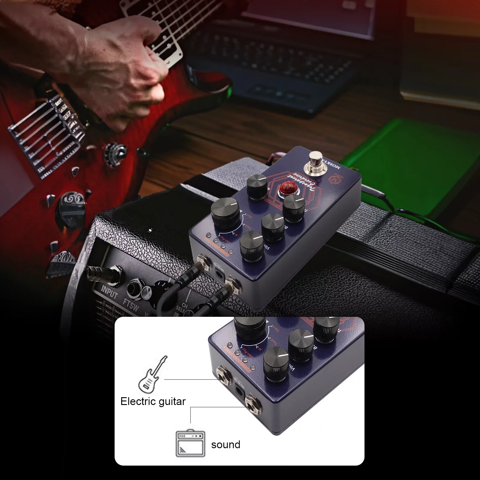 MOSKYAudio Overdrive Guitar Effect Pedal - Compact Portable Effector with 4 Modes - TRANSPARENT DRIV,Purple