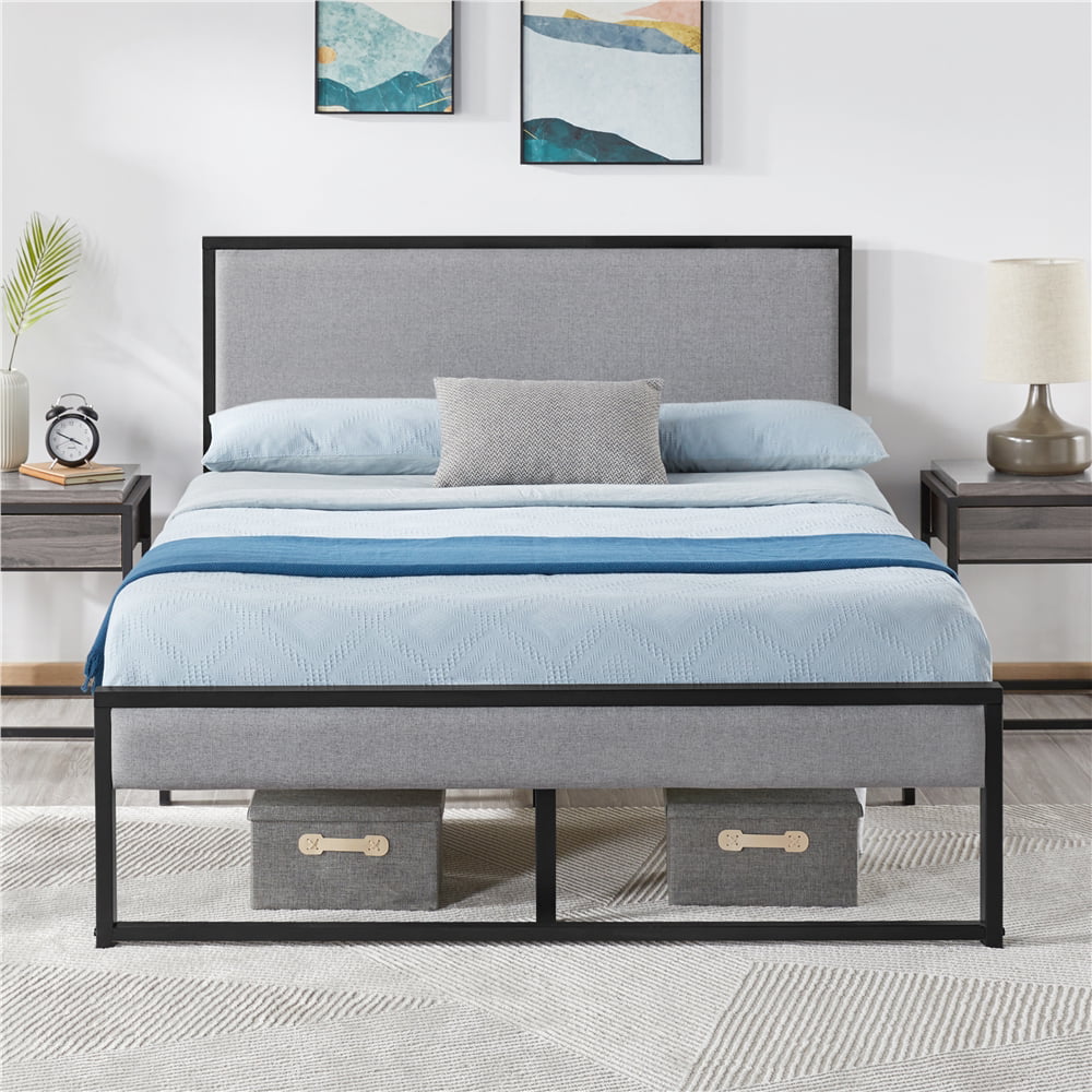 Renwick Metal Upholstered Platform Bed Base with Linen Headboard, Light Gray, Full