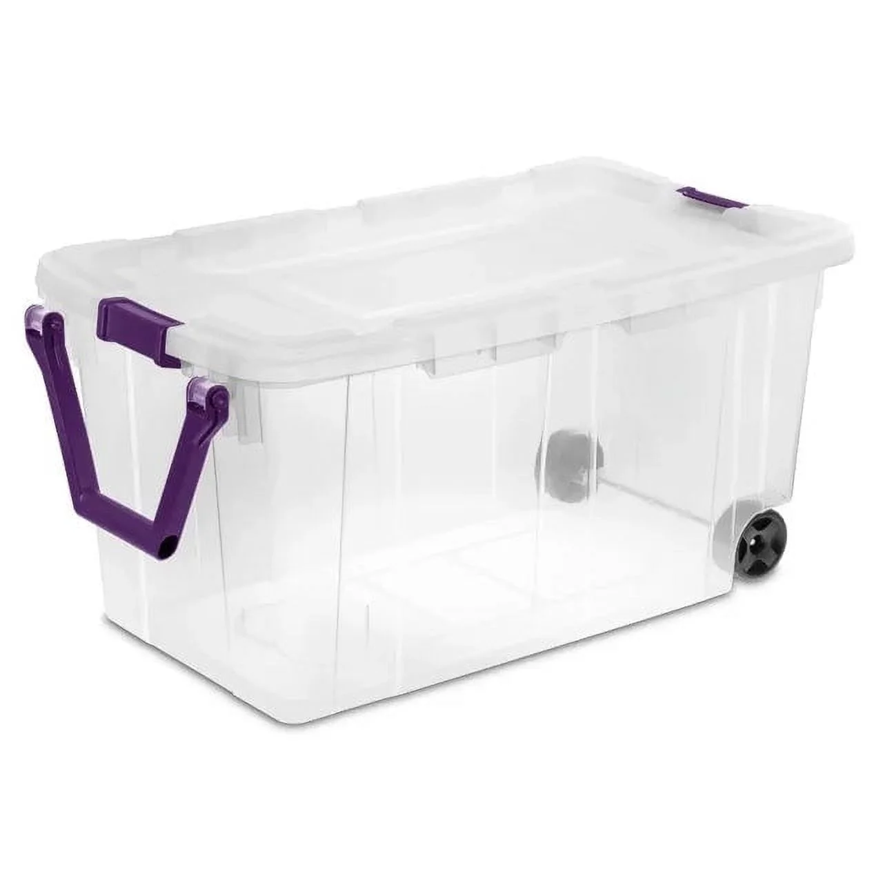 Sterilite 40 Gallon Wheeled Industrial Tote Plastic, Clear/Purple, /Black/Red Set of 2