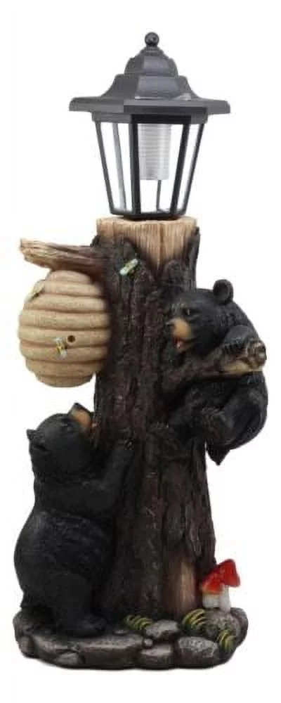 Large Climbing Black Bear Cubs With Beehive Statue W/ Solar LED Lantern Light