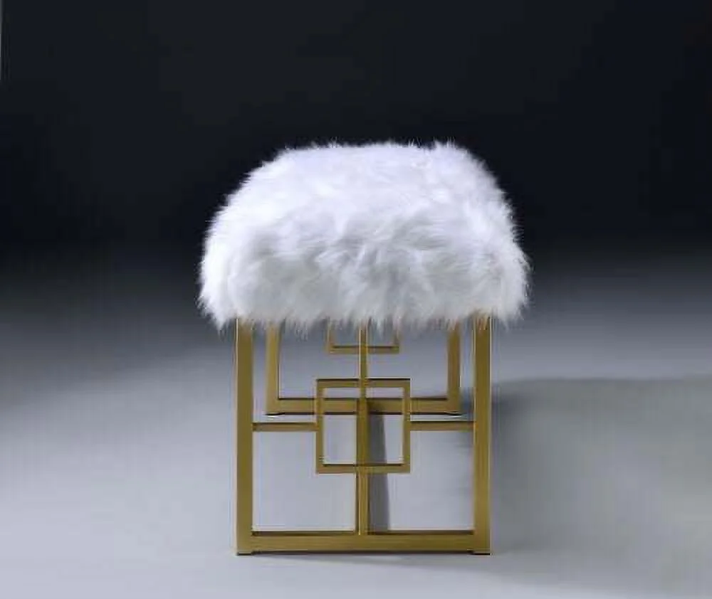 ACME Bagley II Bench in White Faux Fur & Gold 96451