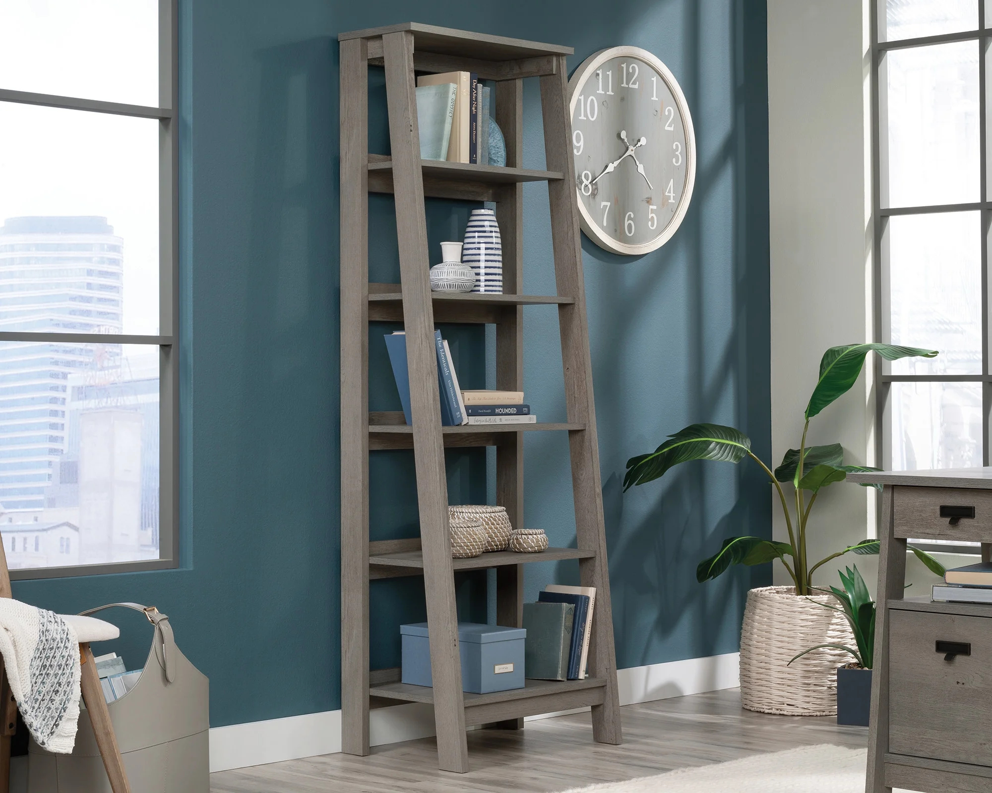 Trestle 5-Shelf Open Display Bookcase in Mystic Oak