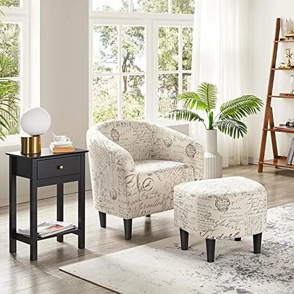 SQFHV Accent Chair with Ottoman Foot   PU Leather Mid Century Modern Upholstered Soft Barrel Chair  Comfy Armchair and Footrest Set for Living Room/Bedroom/Reading Room  Black