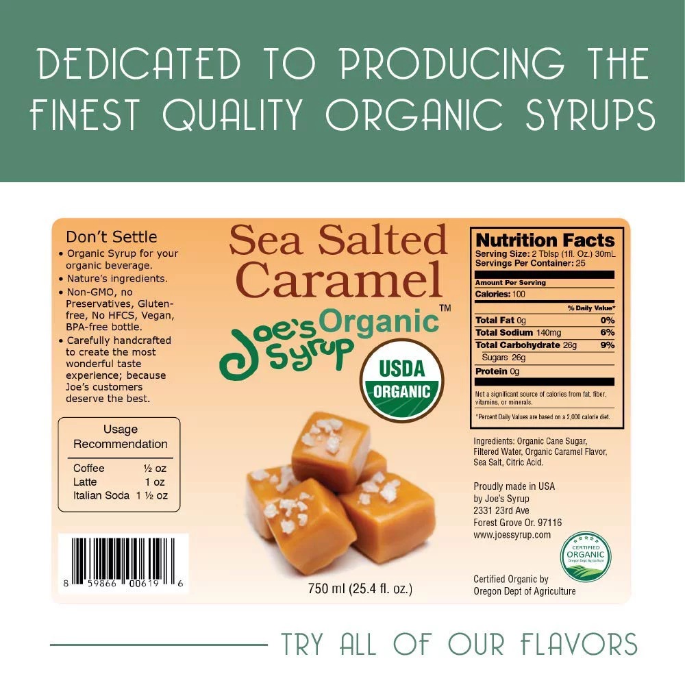 Joe’s Syrup Organic Flavored Syrup, Organic Sea Salted Caramel, 750 ml