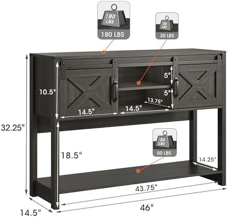 Farmhouse Entryway Table with   46" Console Table with Sliding Barn Door  Wood Rustic Sofa Table with Adjustable Shelf for Hallway  Living Room  Foyer  Dark Grey