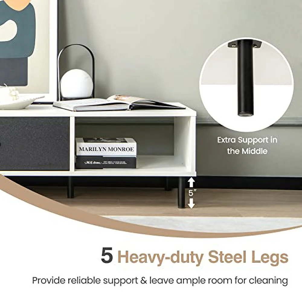 GOFLAME Modern Coffee Table, Versatile 2-Tier Accent Cocktail Table with Pull-Out Drawer & Open Shelf, 43.5” TV Console Table with 5 Sturdy Metal Legs for Living Room, Bedroom, Entryway, White