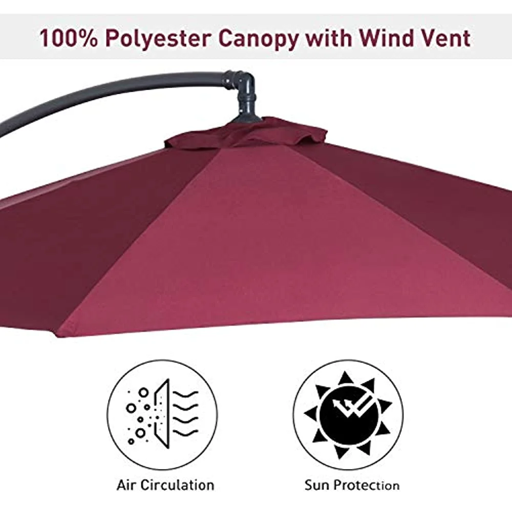 Outsunny 10 Cantilever Hanging Tilt Offset Patio Umbrella with UV Water Fighting Material and a Sturdy Stand Red
