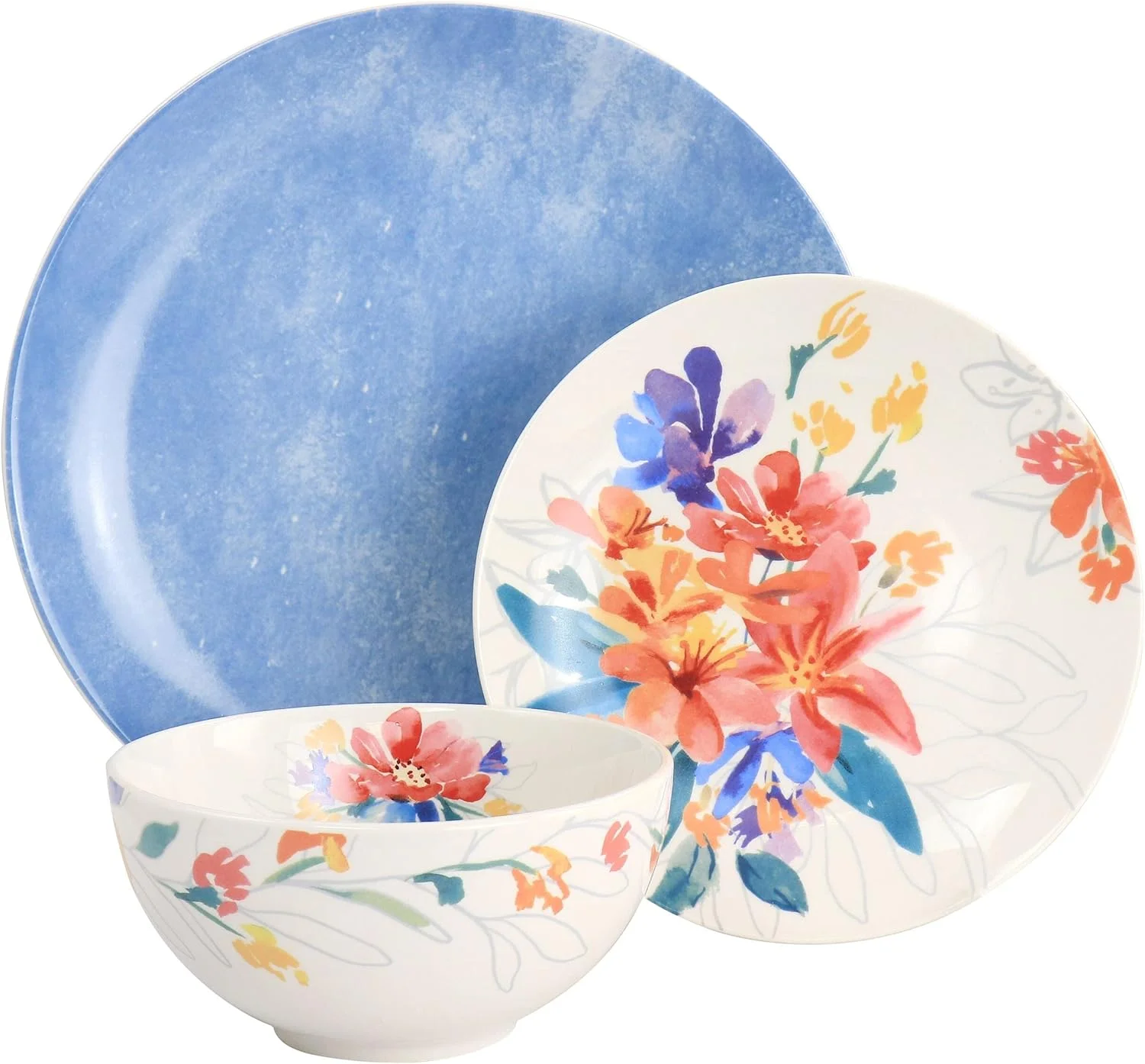 12 Pc Ceramic Dinnerware Set In Blue Pc Floral Casual Round Piece Dishwasher Safe