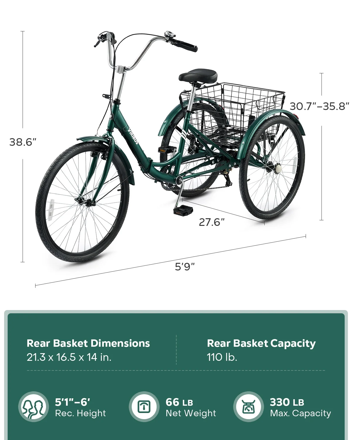 26 Inch Folding Adult Tricycle 7 Speed Trike with Removable Basket Green
