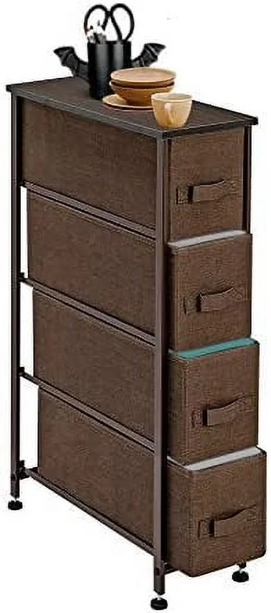 CKPFVY Narrow Dresser  Vertical  Unit with 4 Fabric Drawers  Metal Frame  Slim  Tower  7.9" Width  for Living Room  Kitchen  Small Space  Gap (Grey)