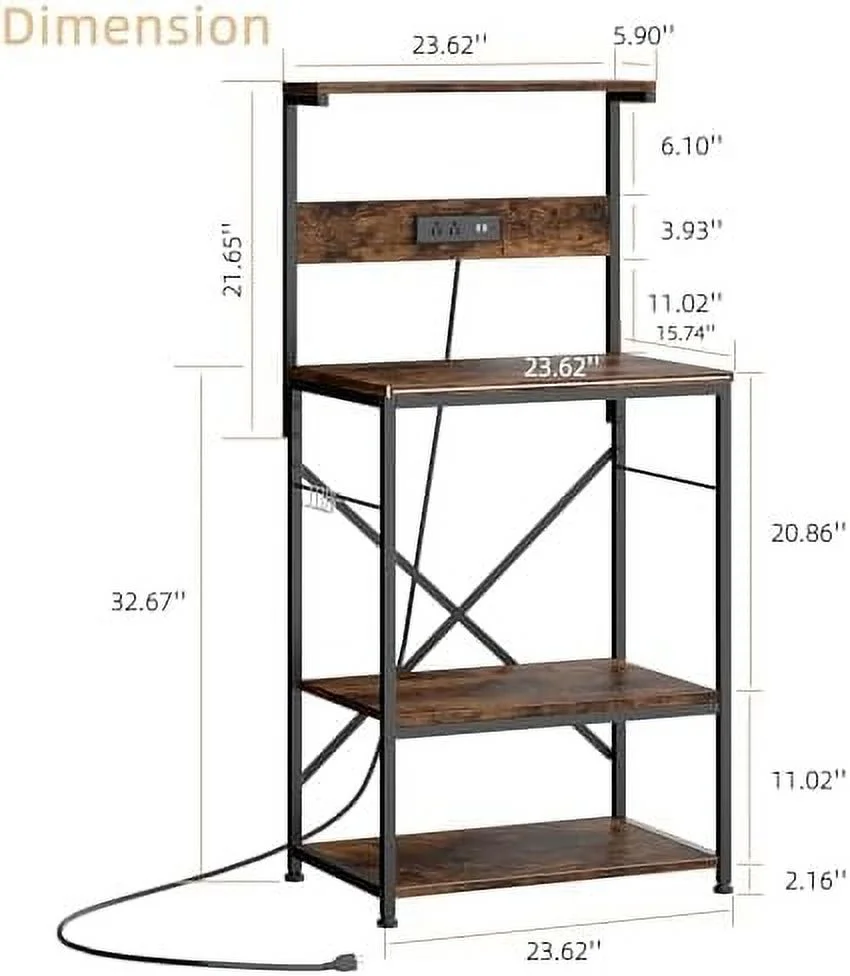 HYHBIBOOM Kitchen Bakers Rack with Power Outlet  Microwave Stand with 6 S-Shaped Hooks  4-Tier Coffee  Microwave Rack (23.62''  Rustic Brown)
