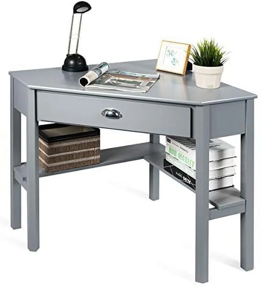 JDZHAPPYLIFE Corner Desk  Writing & Study Corner Computer Desk  Laptop PC Table  Wood Home Office Desk  Small Corner Desk w/ Drawer  Shelves  Office Study Workstation  White Corner De