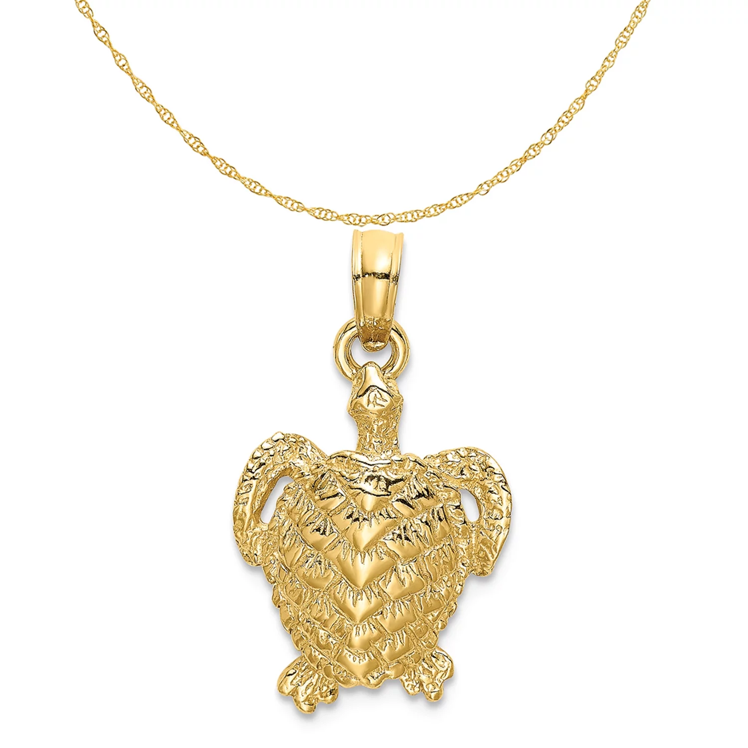 Carat in Karats 14K Yellow Gold Textured Sea Turtle Pendant Charm (23mm x 11.65mm) With 14K Yellow Gold Lightweight Rope Chain Necklace 20''