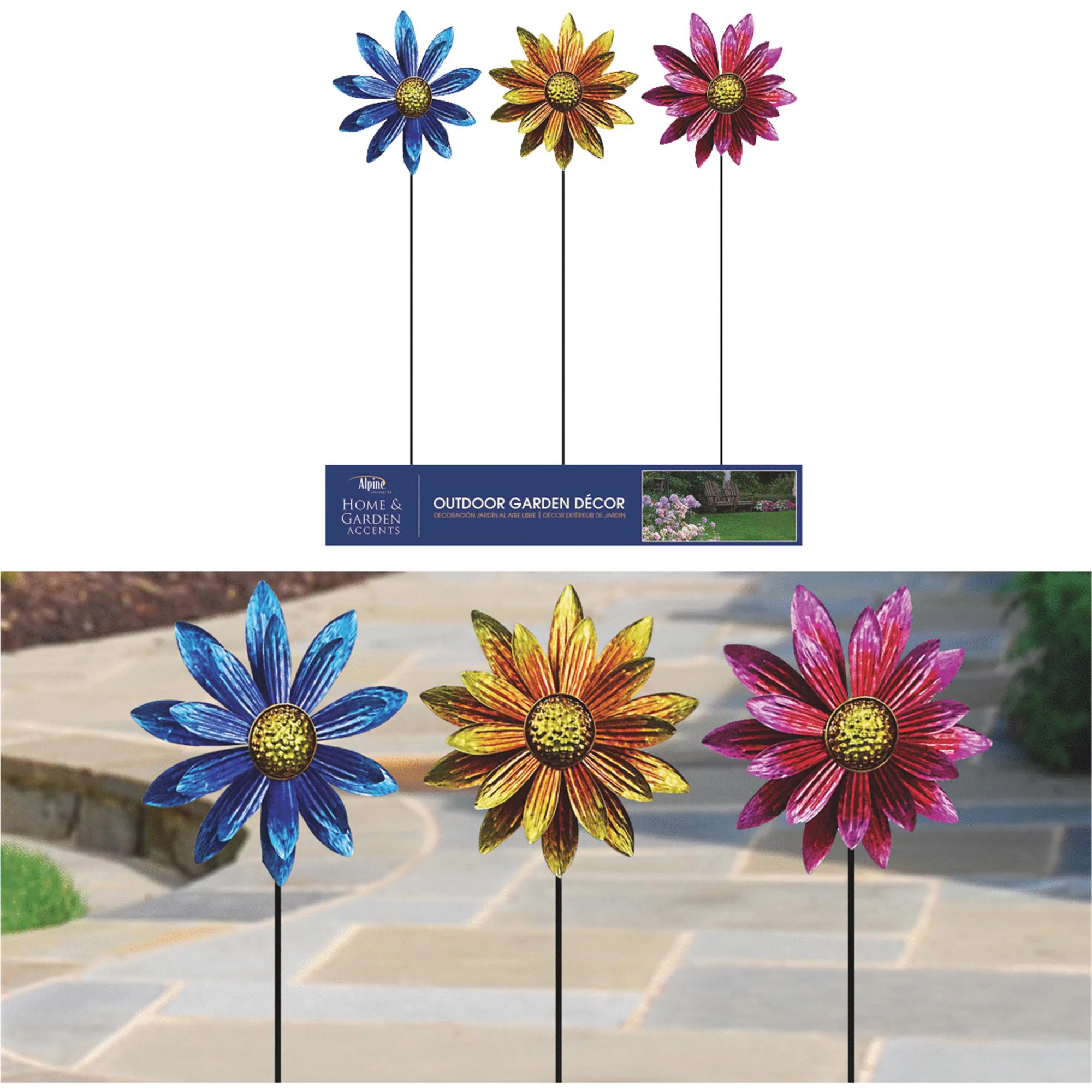 Alpine Vibrant Metal Floral Wind Spinner Garden Stake LJJ1144A Pack of 9