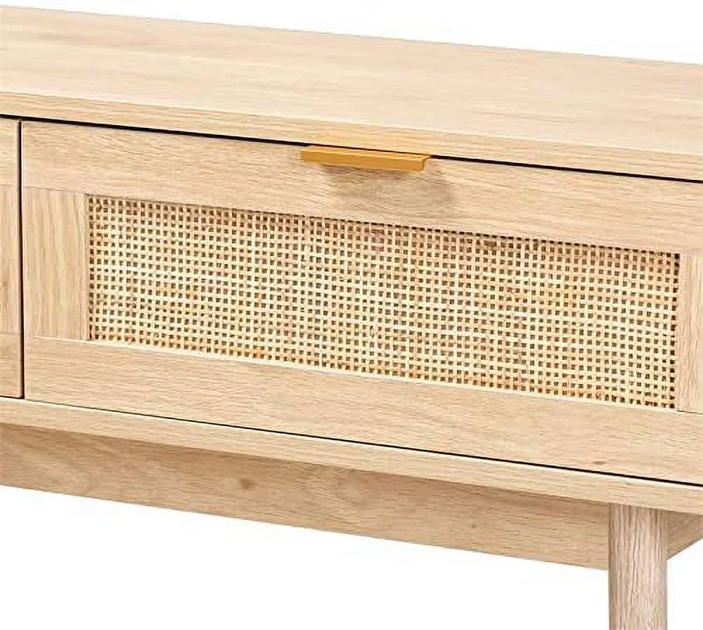 FDIGLUL Light Oak Brown Finished Wood and Rattan 2-Drawer Console Table