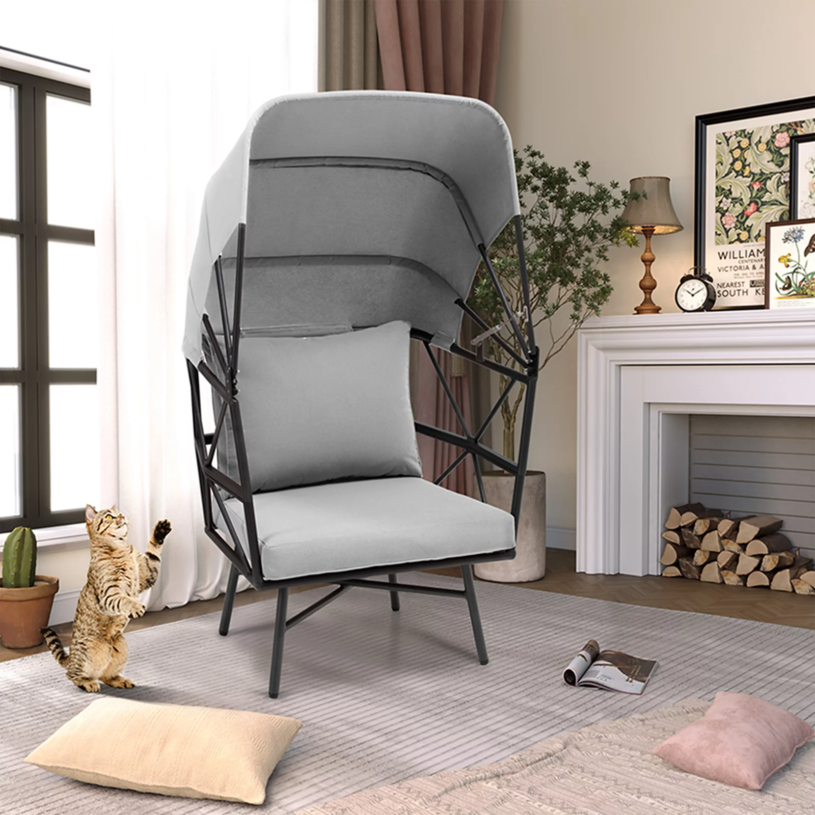 Pellebant Black and Gray Aluminum Patio Egg Chair with Cushion & Sun Shade Cover