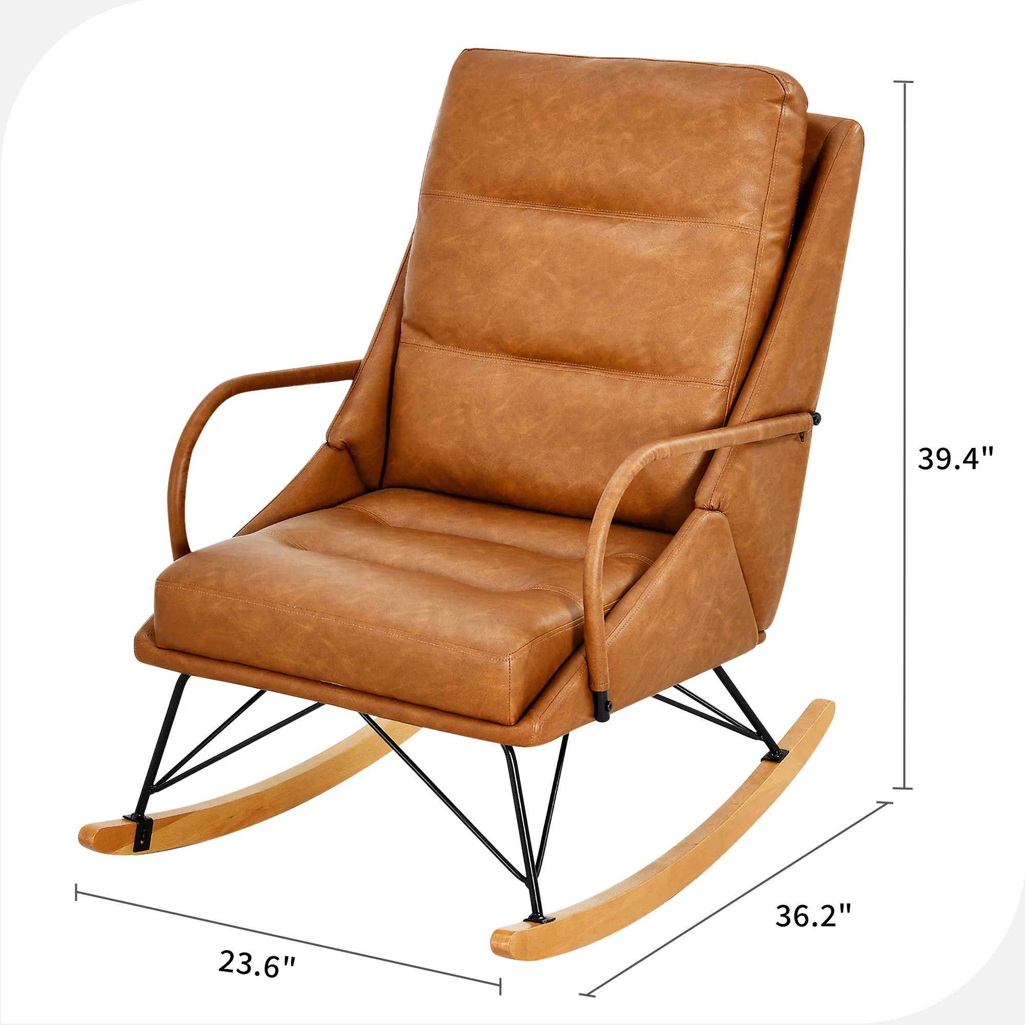 Dextrus Rocking Chair Leather Upholstered Nursery Lounge Chair with Wood Base for Bedroom Living Room，Pu Brown